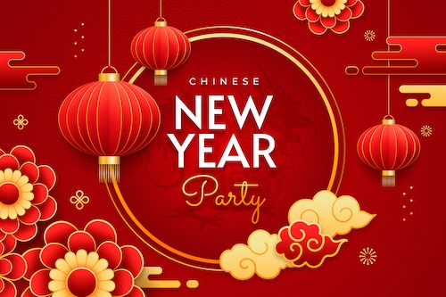 Flyer for a Chinese New Year Party. No additional text. Red and Gold colors with lanterns and flower decorations.