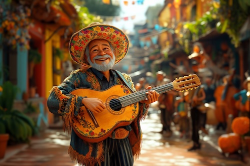 AI generated image of older mexican man playing a guitar on a festival street.