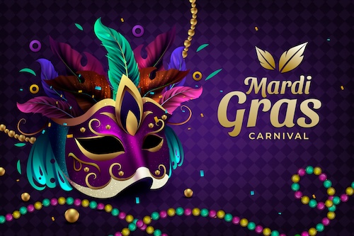 Mardi Gras mask and beads on a flyer for Mardi Gras Carnival. Purple, gold, and green colors.