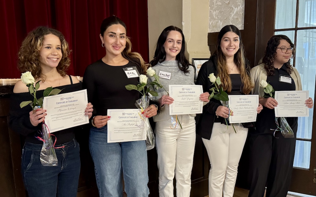 5 young women scholarship winners holding certificates.