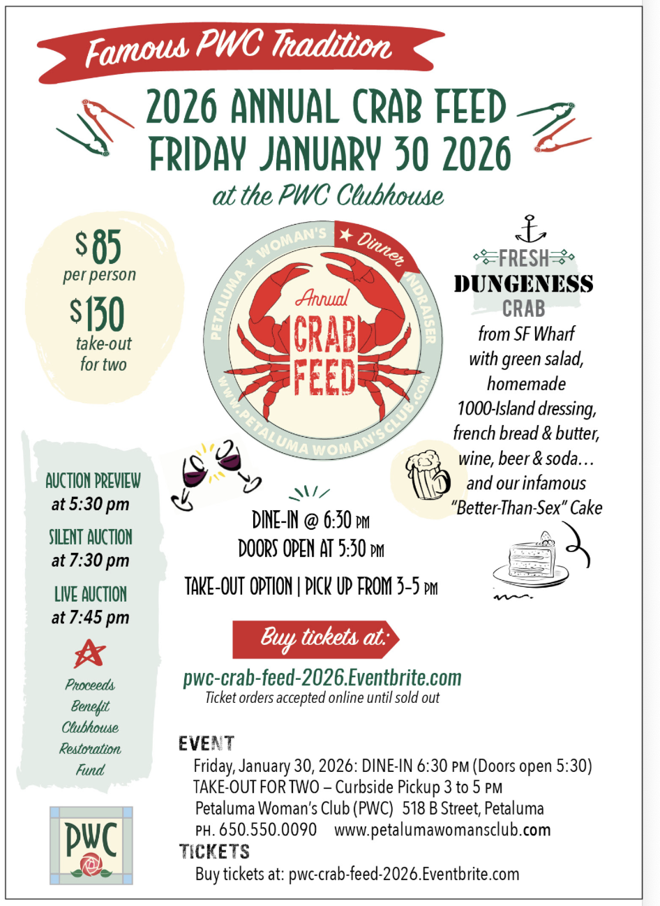 Crab Feed Flyer with crab logo in center and text to describe the event on January 30th 2026 at 6:30 pm