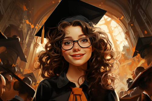 AI cartoon style woman graduate in robe and grad hat. Woman has dark curly hair and glasses.