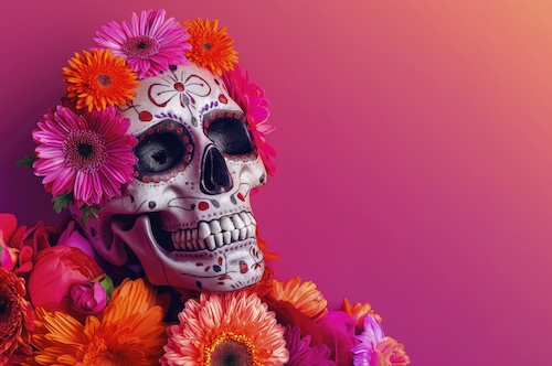 Skull painted with flowers set on flowers with a flowered headband.