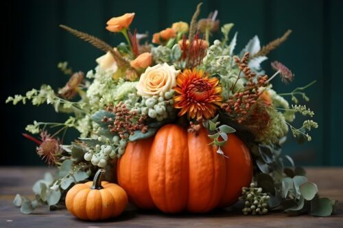 pumpkin used as vase for fall flower arrangement