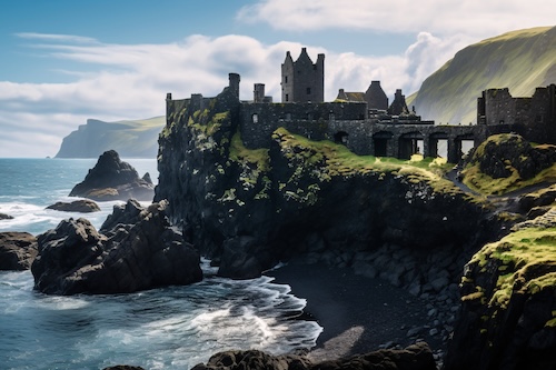 Castle on the coast of Ireland with nature landscape.
